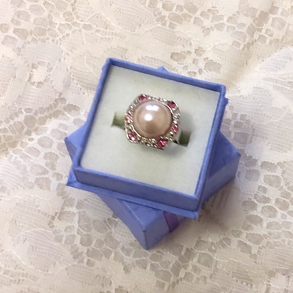 VTG Girls Women’s Pearl Pink Crystal Silver Tone Adjustable Vintage Ring